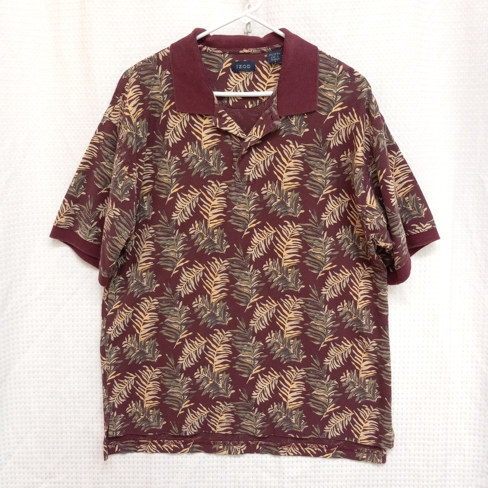 Sz Large IZOD Burgundy Tropical Hawaiian Print 100% Cotton Polo Shirt Great Cond